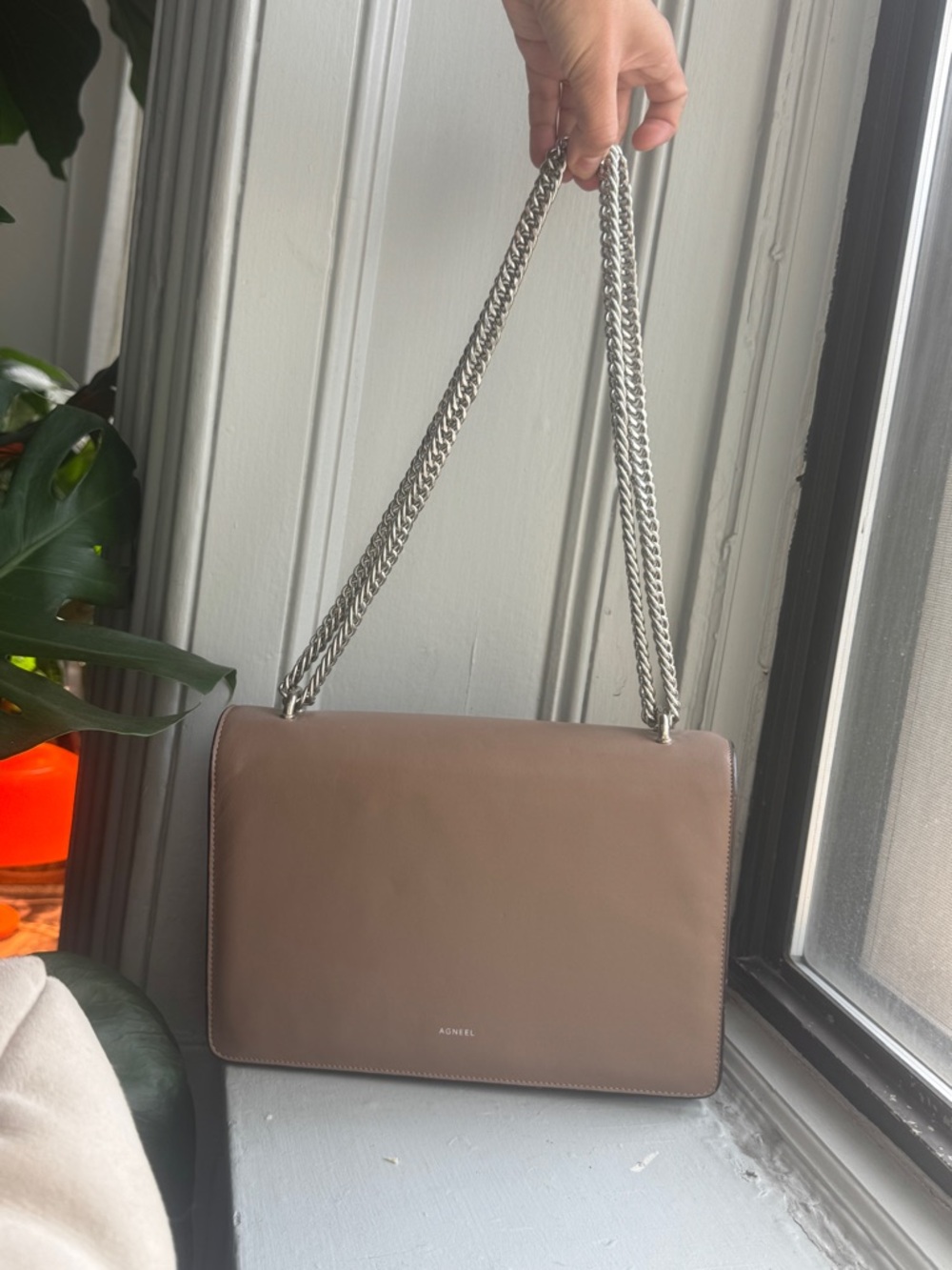 Taupe Agneel Shoulder Bag with Chain Strap